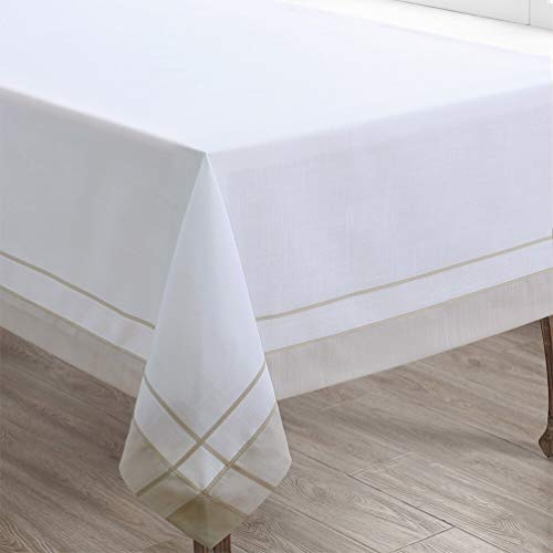 Fennco Styles Neutral Banded Border Design Tablecloth - Decorative Table Cover for Everyday Use, Dining Table Décor, Banquets, Family Gatherings and Special Occasions