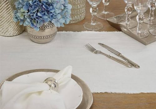 Fennco Styles Stonewashed with Fringe Border Table Runner 16" W x 72" L - 100% Linen Solid Color Table Cover for Home, Dining Table Décor, Holidays, Banquets, and Special Occasions