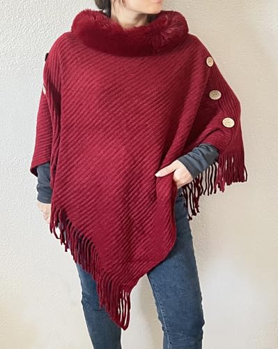 stylesilove Women Solid Knitted Faux Fur Collar Poncho with Fringe Pullover Cardigan Soft Wrap for Fall Winter Seasons