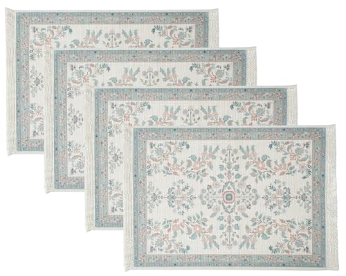 Fennco Styles Antique Turkish Printed with Fringe Placemats 14" W x 19" L, Set of 4 - Brown Oriental Woven Table Mats for Dining Room, Banquets, Family Gatherings, and Holidays
