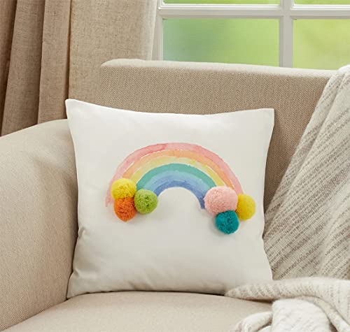 Fennco Styles Rainbow & Stars Pom Pom Decorative Filled Throw Pillow 16" W x 16" L - Multicolored Cushion for Kids Room, Playroom, Bedroom, Living Room, Nursery, Office Décor