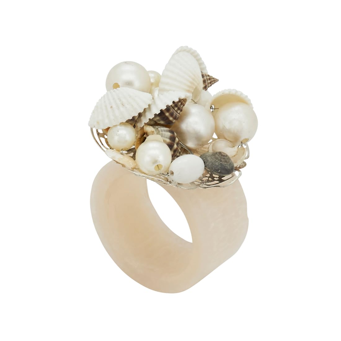Fennco Styles Beaded Seashell Design Decorative Napkin Rings, Set of 4 - Ivory Charming Seaside Napkin Holders for Home, Dining Table, Banquets Décor, Weddings and Special Occasions