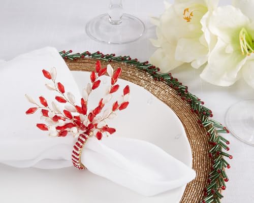 Fennco Styles Glamorous Beaded Festive Decorative Napkin Rings, Set of 4 - Red & White Holiday Napkin Holders for Dining Table, Banquets, Christmas Décor and Special Occasions