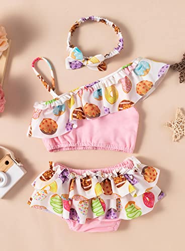 stylesilove Baby Toddler Girls Cute Donut Print Asymmetrical Flounce Bikini Swimsuit 2pcs Ruffle Bathing Suit Beachwear
