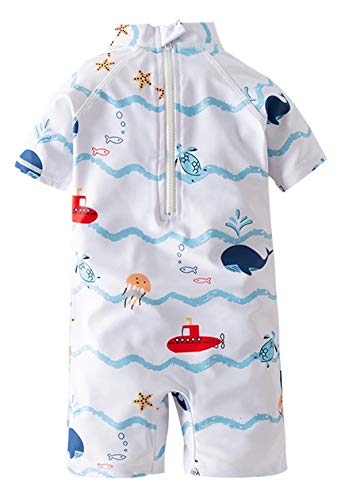 Styles I Love Little Boys Sea Animals Print One-Piece Rash Guard Swimsuit with Sun Hat 2pcs Set Bathing Suit Beach Swimwear