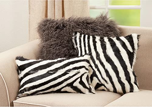 Fennco Styles Zebra Goat Fur Decorative Filled Throw Pillow 18" W x 18" L - Black & White Square Cushion for Couch, Bedroom and Living Room Décor