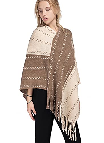 stylesilove Women Two-Tone Asymmetrical Fringe Knitted Pullover Poncho Sweater Cozy Wrap Shawl for Winter and Fall