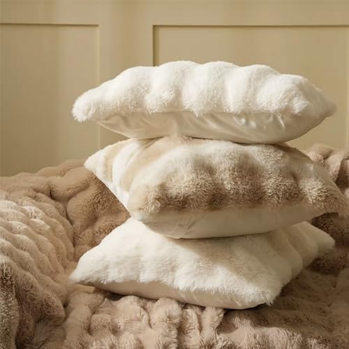 Fennco Styles Luxury Faux Fur Decorative Filled Throw Pillow 18" W x 18" L – Ivory Plush Fluffy Cushion for Couch, Bedroom, Living Room and Office Décor