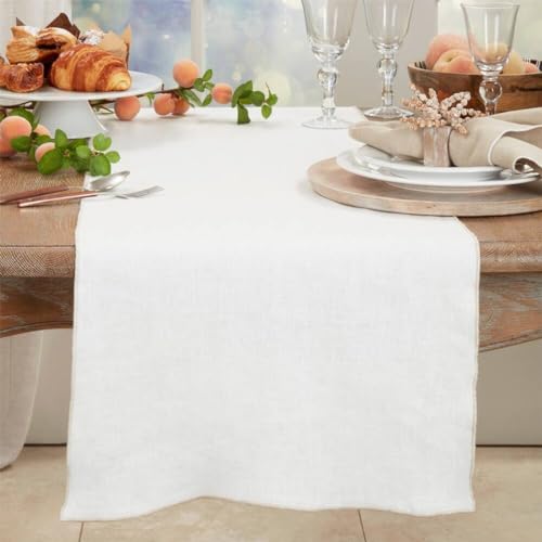 Fennco Styles Stonewashed Stitch Border Table Runner 16" W x 72" L - 100% Linen Solid Color Table Cover for Home, Dining Table Décor, Holidays, Banquets, and Special Occasions