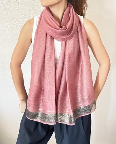 stylesilove Women Shimmering Striped Scarf Silk-like Scarves Ultra Lightweight Soft Shawl Neck Wraps