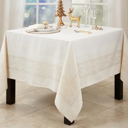 Fennco Styles Ecru Jacquard Floral Tablecloth 65" W x 90" L Rectangle Flower Table Cover