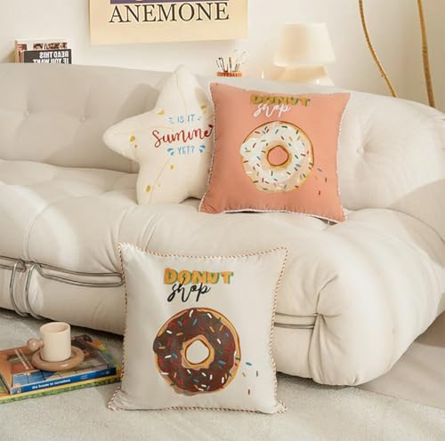 Fennco Styles Cute Embroidered Donut Design Throw Pillow Cover 18" W x 18" L - White Novelty Cushion Case for Home, Couch, Sofa, Bedroom, Kids Room, Playroom and Office Décor