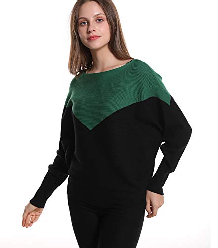 Styles I Love Women Autumn Winter Two-Tone Boat Neck Batwing Sleeve Pullover Knitted Sweater Long Sleeve Loose Top
