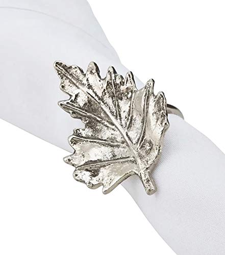 Fennco Styles Maple Leaf Metal Napkin Rings, Set of 4 - Silver Decorative Napkin Holders for Home, Dining Room, Banquet, Family Gathering, Holiday and Special Occasion