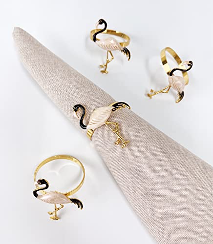 Fennco Styles Enamel Glazed Flamingo Metal Napkin Rings, Set of 4 - Beige Decorative Napkin Holders for Home, Dining Room, Banquets, Family Gatherings, Holidays and Special Occasions