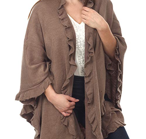 Fennco Styles Women's Ruffle Trim Knit Open Front Poncho Cape Shawl - Fall Wrap Jacket, Cozy and Stylish Layering Piece