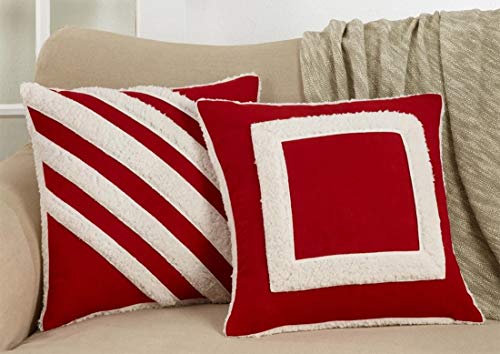 Fennco Styles Holiday Square Sherpa Design Decorative Throw Pillow Cover & Insert 17 x 17 Inch - Red Accent Pillow for Home, Couch, Living Room and Christmas Décor