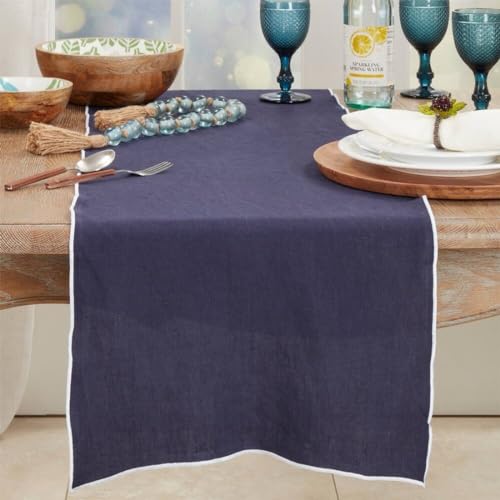Fennco Styles Stonewashed Stitch Border Table Runner 16" W x 72" L - 100% Linen Solid Color Table Cover for Home, Dining Table Décor, Holidays, Banquets, and Special Occasions