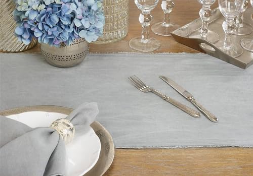 Fennco Styles Stonewashed with Fringe Border Table Runner 16" W x 72" L - 100% Linen Solid Color Table Cover for Home, Dining Table Décor, Holidays, Banquets, and Special Occasions