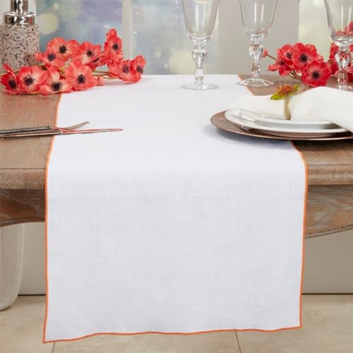 Fennco Styles Stonewashed Stitch Border Table Runner 16" W x 72" L - 100% Linen Solid Color Table Cover for Home, Dining Table Décor, Holidays, Banquets, and Special Occasions