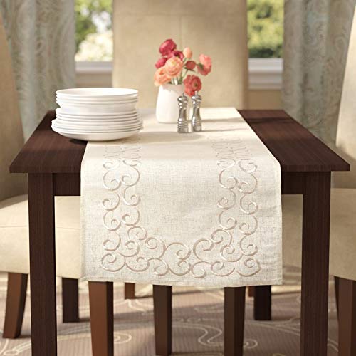 Fennco Styles Classic Embroidery Scroll Border Linen Blend Tablecloth - Natural Tablecloth for Wedding, Banquet, Special Events and Home Décor