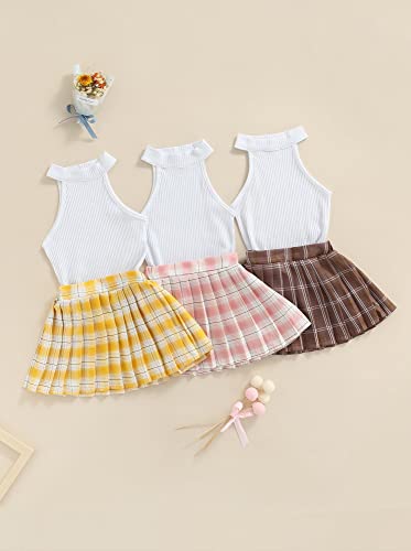 stylesilove Toddler Little Girls Solid Ribbed Tank Top & Plaid Mini Pleated Skirt 2pcs Summer Casual Dress Outfit