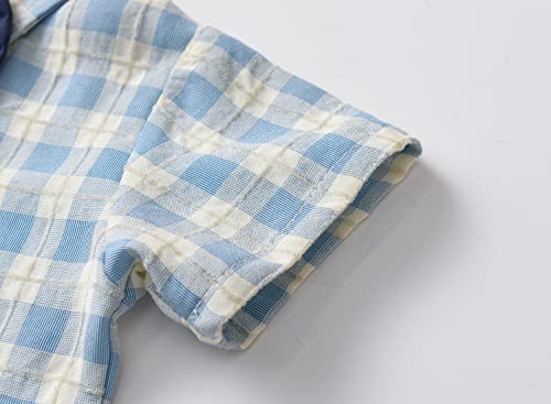 stylesilove Little Boys Short Sleeve Plaid Shirt and Suspender Bottom, Bowtie 3pcs Gentleman Suit Set Cotton Overalls Outfit
