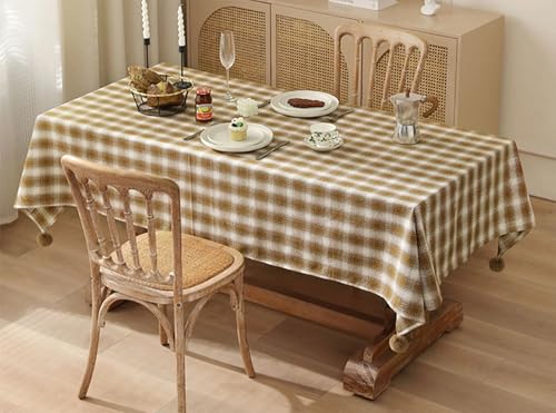 Fennco Styles Plaid Woven 100% Cotton Tablecloth with Pom Pom - Green Table Cover for Winter Holiday Décor, Banquet, Family Gathering and Special Occasion