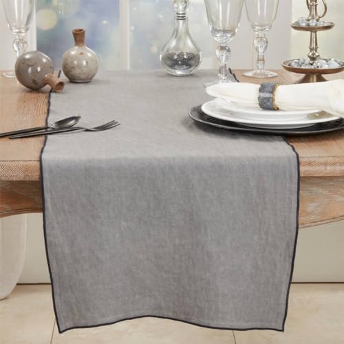 Fennco Styles Stonewashed Stitch Border Table Runner 16" W x 72" L - 100% Linen Solid Color Table Cover for Home, Dining Table Décor, Holidays, Banquets, and Special Occasions