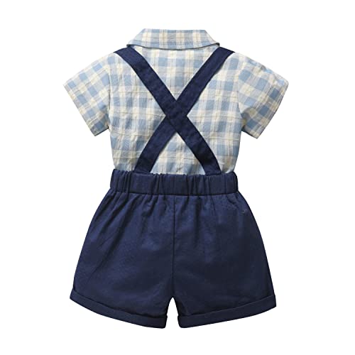 stylesilove Little Boys Short Sleeve Plaid Shirt and Suspender Bottom, Bowtie 3pcs Gentleman Suit Set Cotton Overalls Outfit