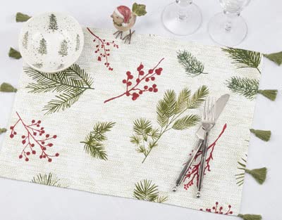 Fennco Styles Pine Needle & Red Berry Cotton Christmas Table Runner with Tassel 16"W x 72"L - Red & Green Festive Table Cover for Home, Dining Room, Winter Holiday Décor, Banquets, and Special Events