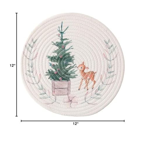 Fennco Styles Rabbit & Botanical Print Cotton Blend Woven Placemats 12" Round, Set of 4 - Cartoon Animal Design White Table Mats for Home Décor, Dining Table, Banquet, Holiday and Family Gathering
