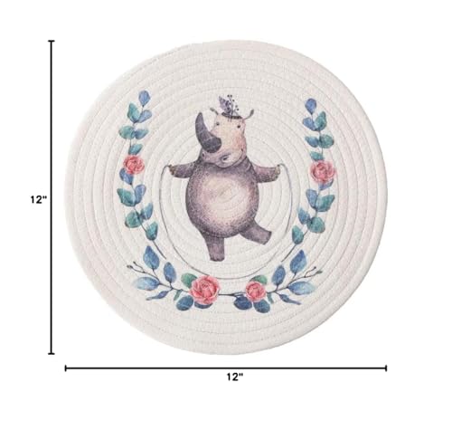Fennco Styles Rabbit & Botanical Print Cotton Blend Woven Placemats 12" Round, Set of 4 - Cartoon Animal Design White Table Mats for Home Décor, Dining Table, Banquet, Holiday and Family Gathering