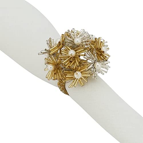 Fennco Styles Hand Beaded Flower Metal Napkin Rings, Set of 4 - Green Decorative Napkin Holders for Christmas, Home, Dining Room, Banquet, Family Gathering, Holiday and Special Occasion