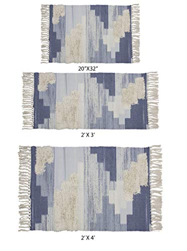 Fennco Styles Ivory Blue Geometric Print Woven Rug Tassel Area Rug for Home Décor, Bedroom, Entryway Mat, Floor Décor