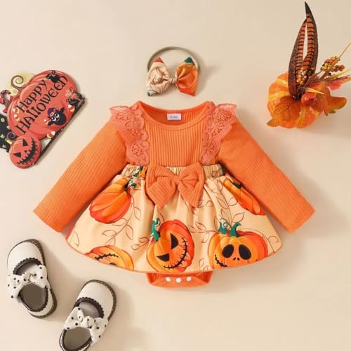 stylesilove Infant Baby Girl Orange Pumpkin Long Sleeve Lace Romper Dress & Bow Headband 2pcs Halloween Clothing Set