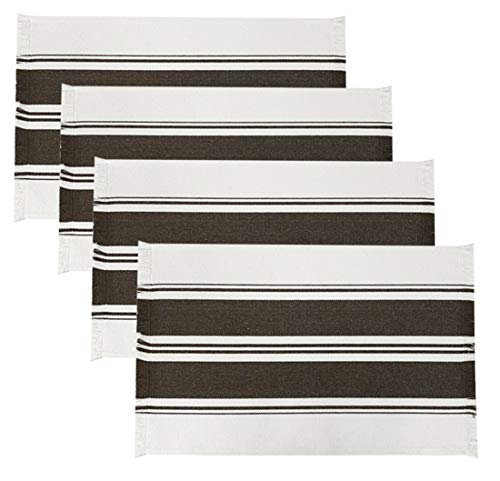 Fennco Styles Netural Stripes Fringe Canvas Cotton Table Runner 14 x 71 Inch - Grey Striped Table Cover for Home Décor, Dining Table, Farmhouse, Everyday Use and Special Occasion