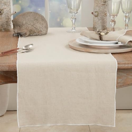 Fennco Styles Stonewashed Stitch Border Table Runner 16" W x 72" L - 100% Linen Solid Color Table Cover for Home, Dining Table Décor, Holidays, Banquets, and Special Occasions