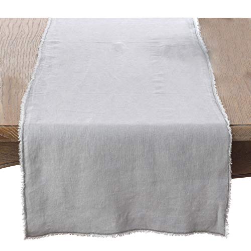 Fennco Styles Stonewashed with Fringe Border Table Runner 16" W x 72" L - 100% Linen Solid Color Table Cover for Home, Dining Table Décor, Holidays, Banquets, and Special Occasions
