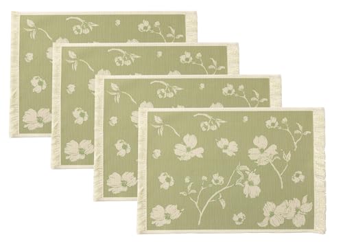 Fennco Styles Floral Printed with Fringe Placemats 14" W x 19" L, Set of 4 - Yellow Flower Table Mats for Dining Room, Banquets, Family Gatherings, and Holidays