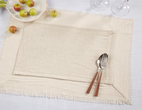 Fennco Styles Double-Layer Fringe Cotton Blend Placemats 14" W X 20" L, Set of 4 - Natural Woven Table Mats for Home Décor, Holiday, Banquet, Family Gathering, Special Occasion