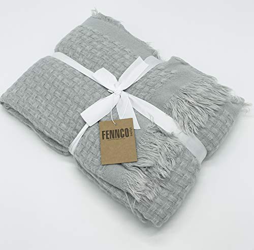 Fennco Styles Waffle Weave Solid Lightweight Throw Blanket with Fringe 50" W x 60" L - Slate Blanket for Sofa, Couch, Living Room and Bedroom Décor
