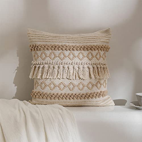 Fennco Styles Handwoven Diamond Tassel Decorative Throw Pillow Cover 18" W x 18" L - Natural Textured Boho Cushion Case for Home, Couch, Living Room, Bedroom and Office Décor