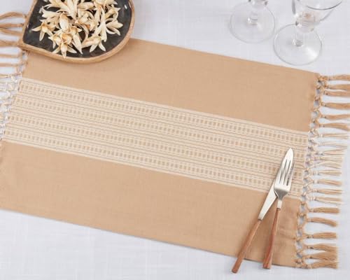 Fennco Styles Banded Stripe Fringe Placemats 14" W x 20" L, Set of 4 - Cotton Woven Table Mats for Home, Dining Table Décor, Banquets and Special Occasion