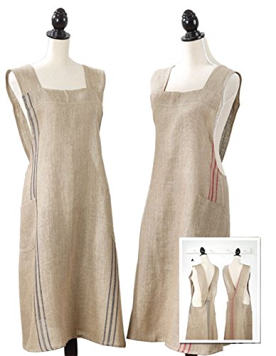 Fennco Styles Striped Criss Cross Back 100% Linen Home Kitchen Apron 28" W x 35" L - 2 Colors