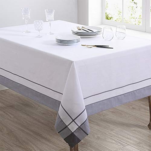 Fennco Styles Neutral Banded Border Design Tablecloth - Decorative Table Cover for Everyday Use, Dining Table Décor, Banquets, Family Gatherings and Special Occasions