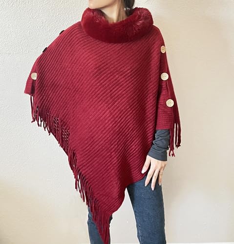 stylesilove Women Solid Knitted Faux Fur Collar Poncho with Fringe Pullover Cardigan Soft Wrap for Fall Winter Seasons