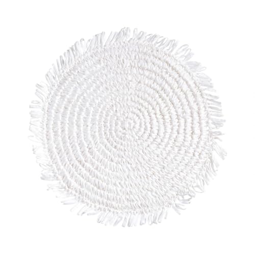 Fennco Styles Raffia Fringe Placemat 14" Round, Set of 4 - Black Woven Rustic Table Mat for Home, Dining Room, Banquets, Boho Decor, Family Gathering and Special Occasion