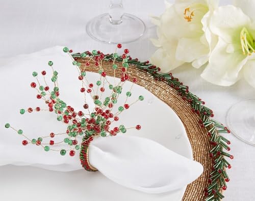 Fennco Styles Beaded Spray Design Napkin Rings, Set of 4 - Orange Napkin Holders for Home, Dining Table Decor, Banquets, Family Gathering and Special Occasion