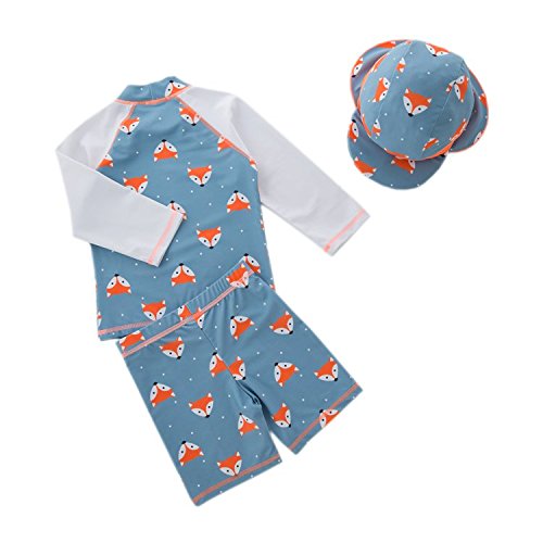 stylesilove Boys Little Fox Rash Guard and Swim Shorts with Sun Hat 3pcs Swimsuit Beach Swimwear